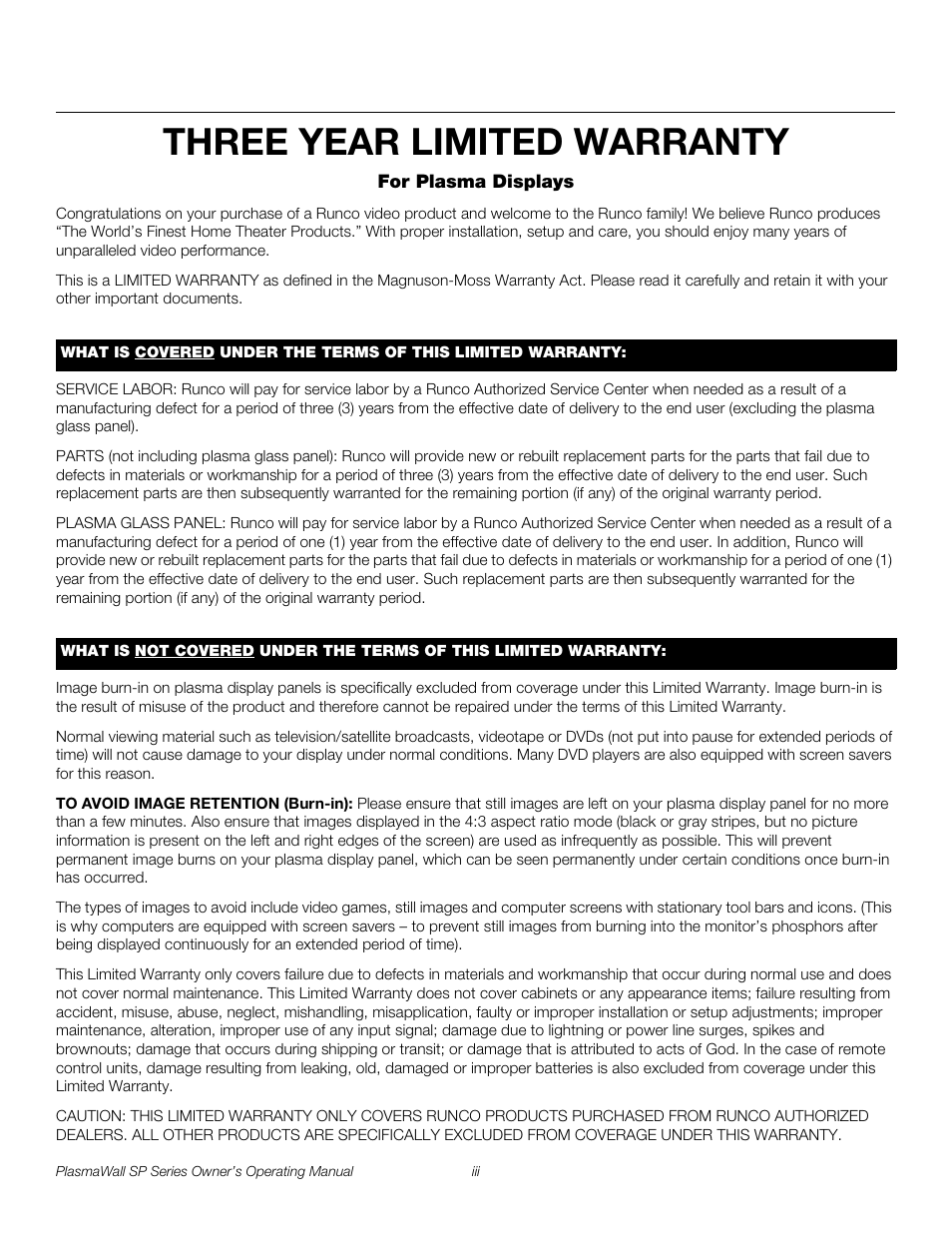 Three year limited warranty, Pre l iminar y | Runco SP-60DHD User Manual | Page 3 / 82