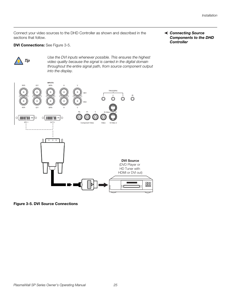 Connecting source components to the dhd controller, Dvi connections, Figure 3-5 . dvi source connections | 5. dvi source connections, Pre l iminar y | Runco SP-60DHD User Manual | Page 35 / 82