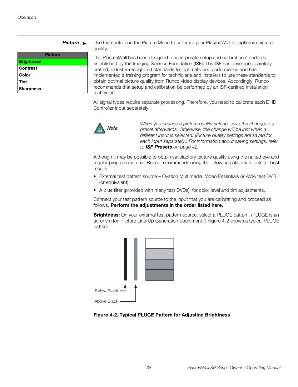 Picture, Brightness, 2. typical pluge pattern for adjusting brightness | Pre l iminar y | Runco SP-60DHD User Manual | Page 48 / 82