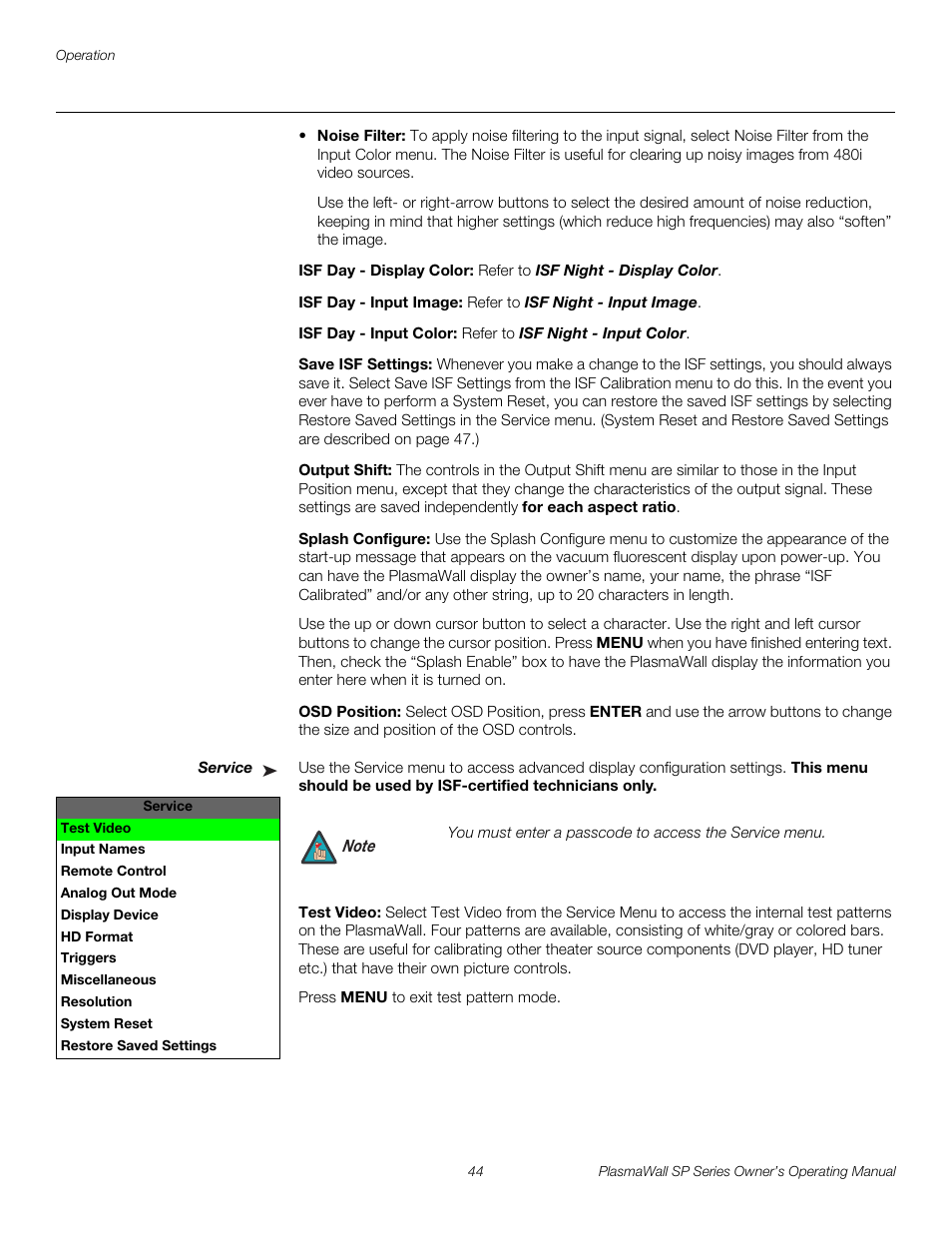 Isf day - display color, Isf day - input image, Isf day - input color | Save isf settings, Output shift, Splash configure, Osd position, Service, Test video, Iminar | Runco SP-60DHD User Manual | Page 54 / 82