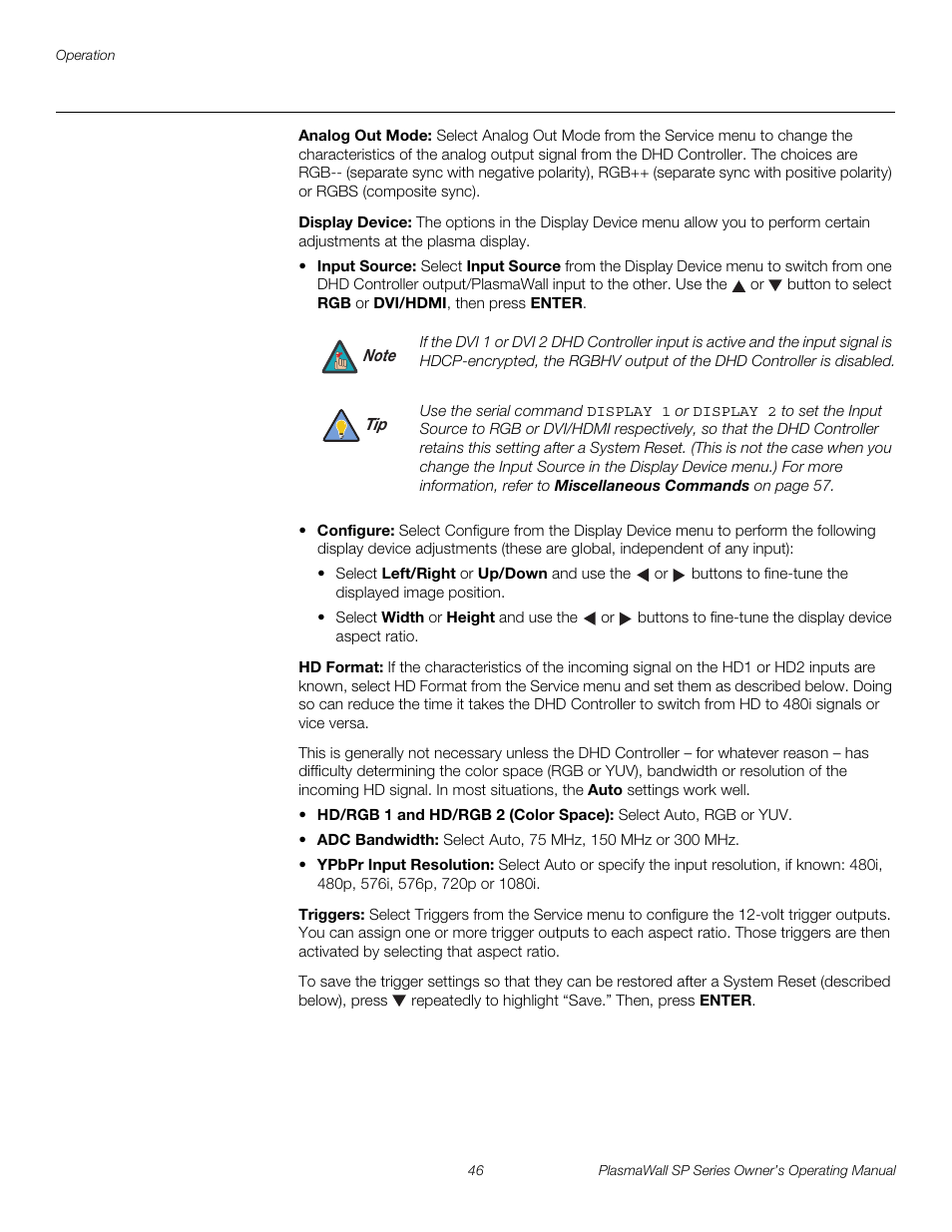 Analog out mode, Display device, Hd format | Triggers, Pre l iminar y | Runco SP-60DHD User Manual | Page 56 / 82