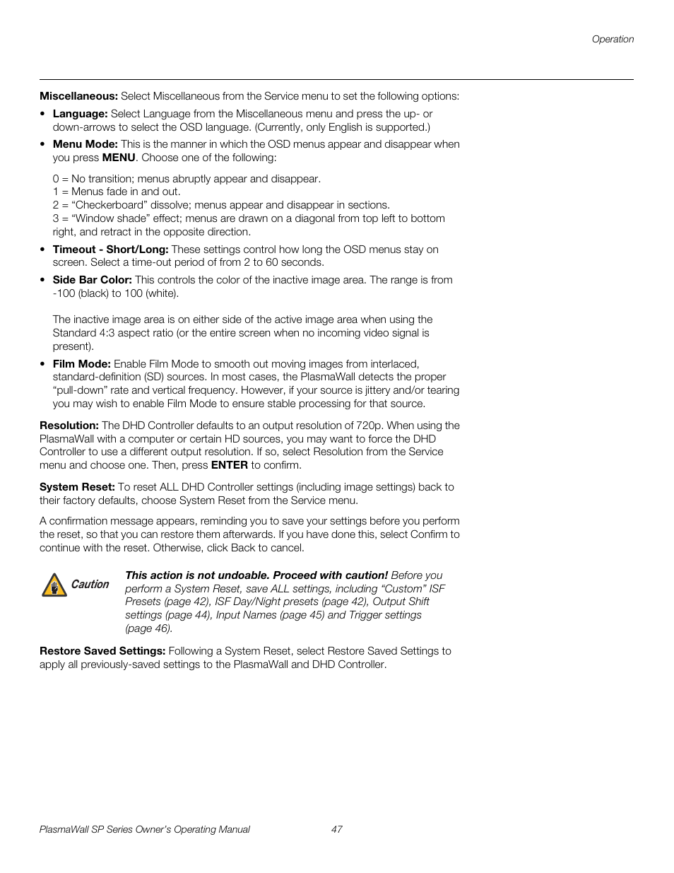 Miscellaneous, Resolution, System reset | Restore saved settings, Pre l iminar y | Runco SP-60DHD User Manual | Page 57 / 82