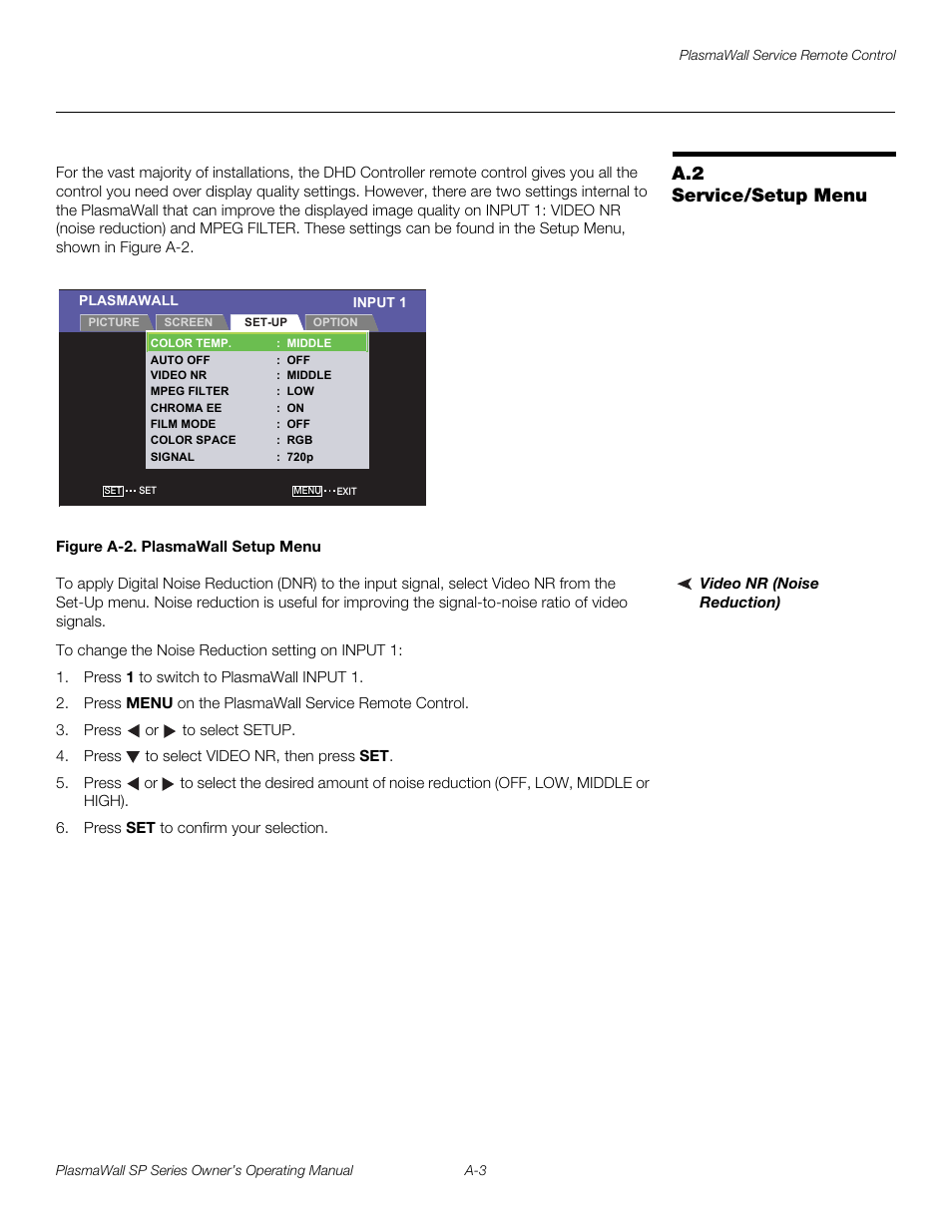A.2 service/setup menu, Figure a-2 . plasmawall setup menu, Video nr (noise reduction) | Pre l iminar y | Runco SP-60DHD User Manual | Page 79 / 82