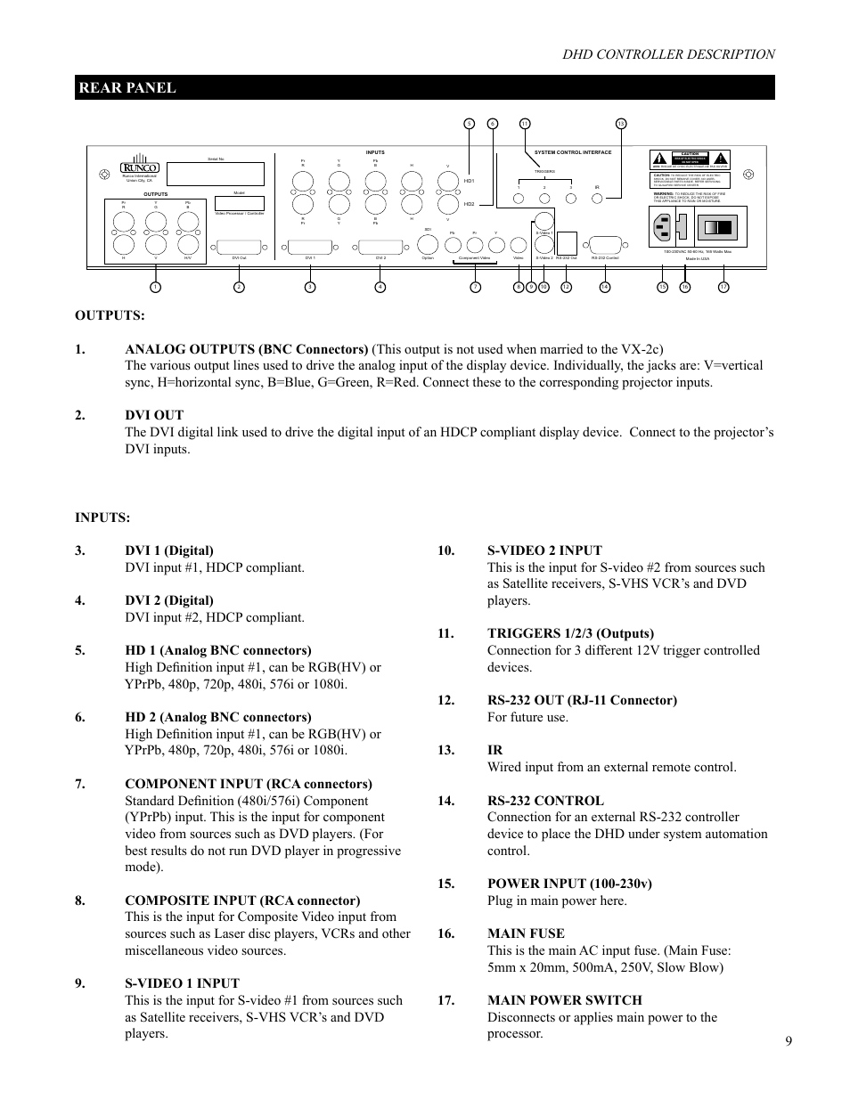 Rear panel, Dhd controller description | Runco VX-2c User Manual | Page 10 / 36