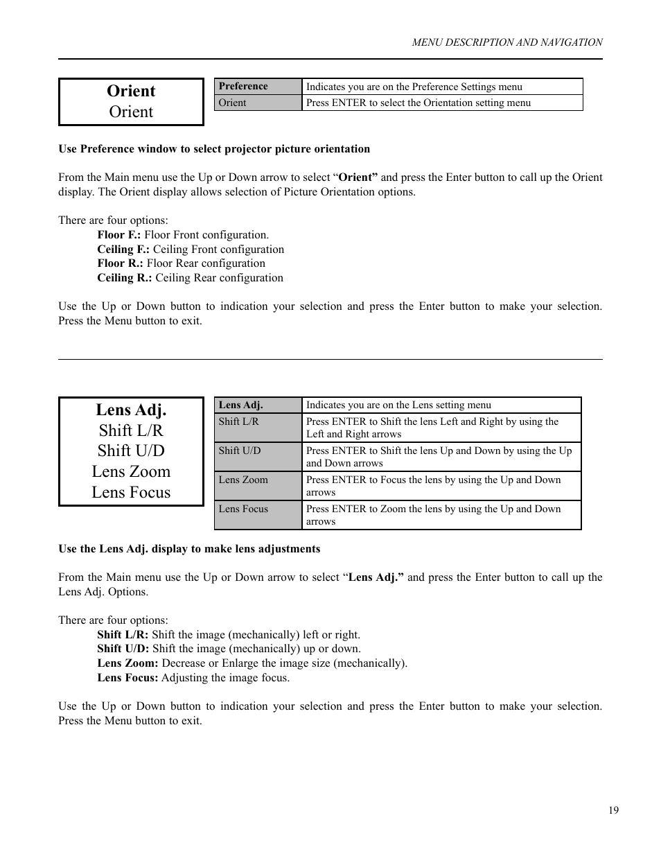 Orient, Lens adj. shift l/r shift u/d lens zoom lens focus | Runco VX-2c User Manual | Page 20 / 36