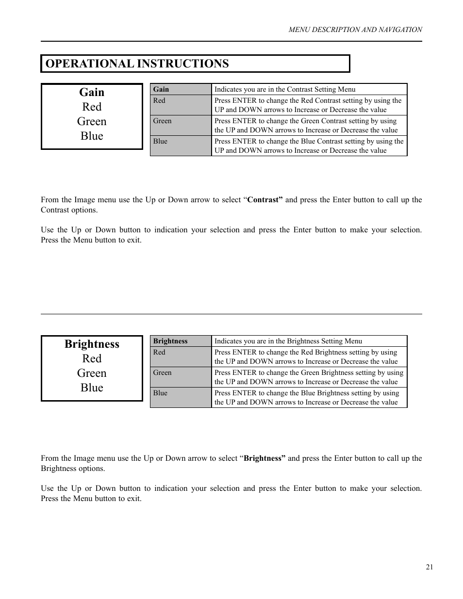 Gain red green blue, Brightness red green blue, Operational instructions | Runco VX-2c User Manual | Page 22 / 36