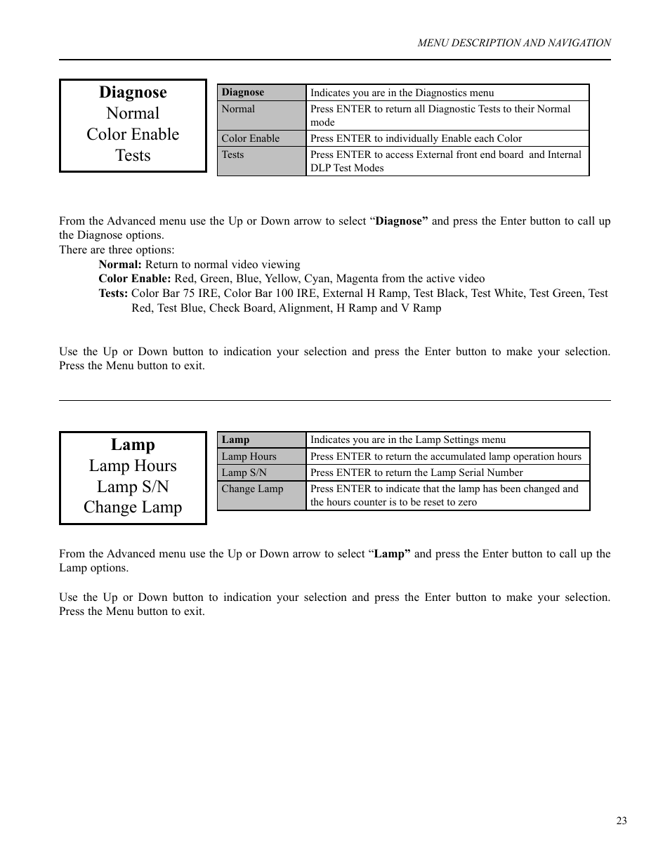 Diagnose normal color enable tests, Lamp lamp hours lamp s/n change lamp | Runco VX-2c User Manual | Page 24 / 36