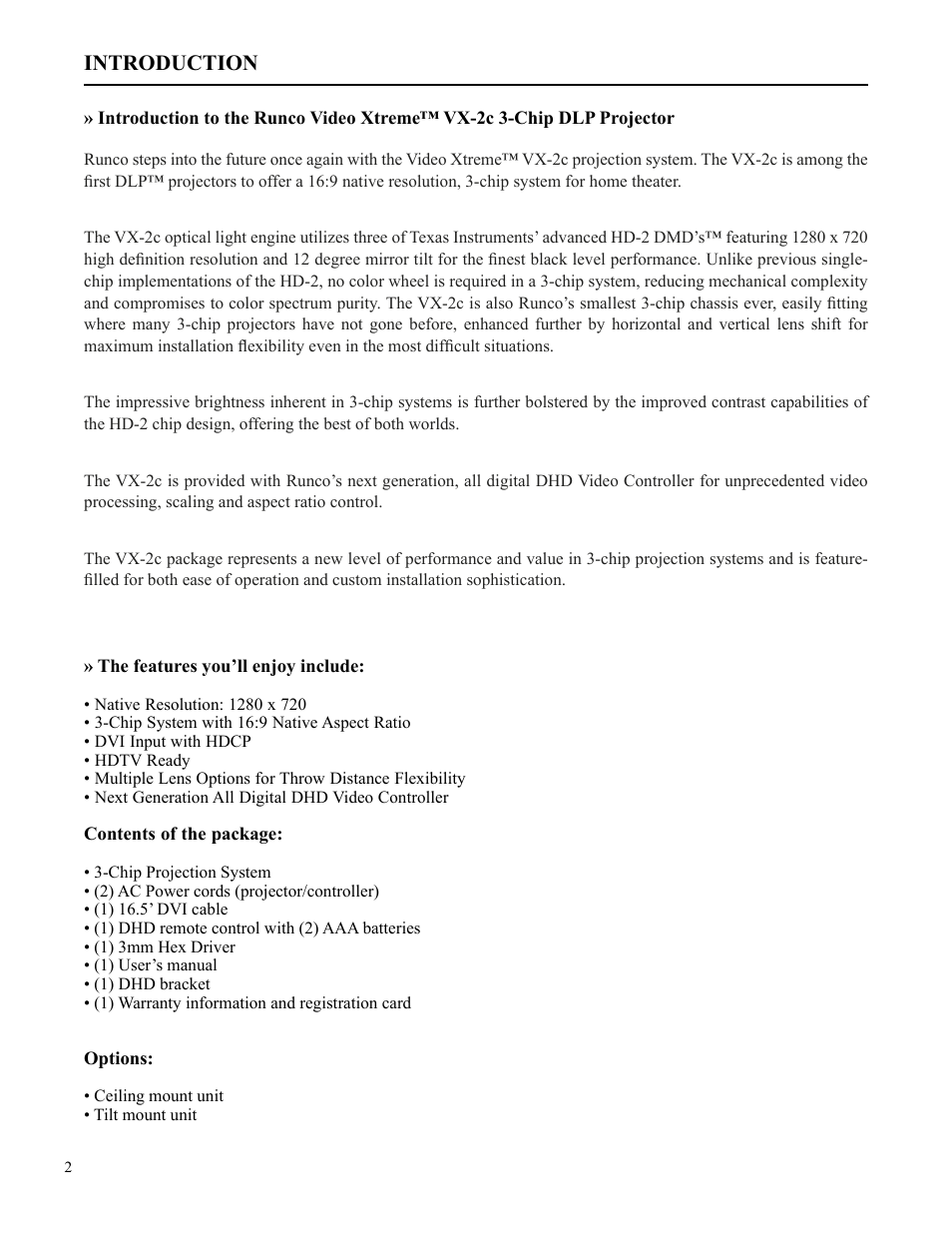 Introduction | Runco VX-2c User Manual | Page 3 / 36