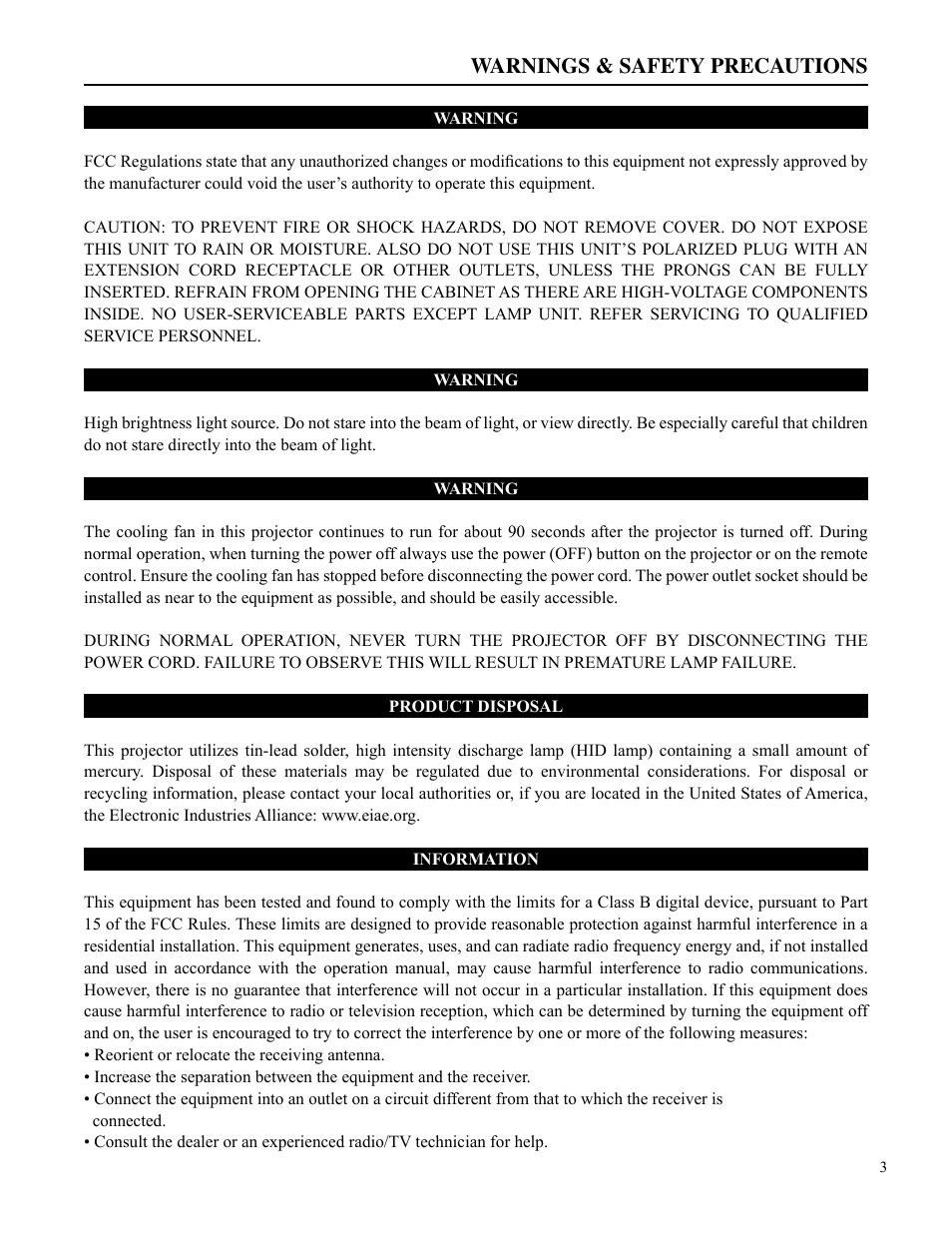 Warnings & safety precautions | Runco VX-2c User Manual | Page 4 / 36