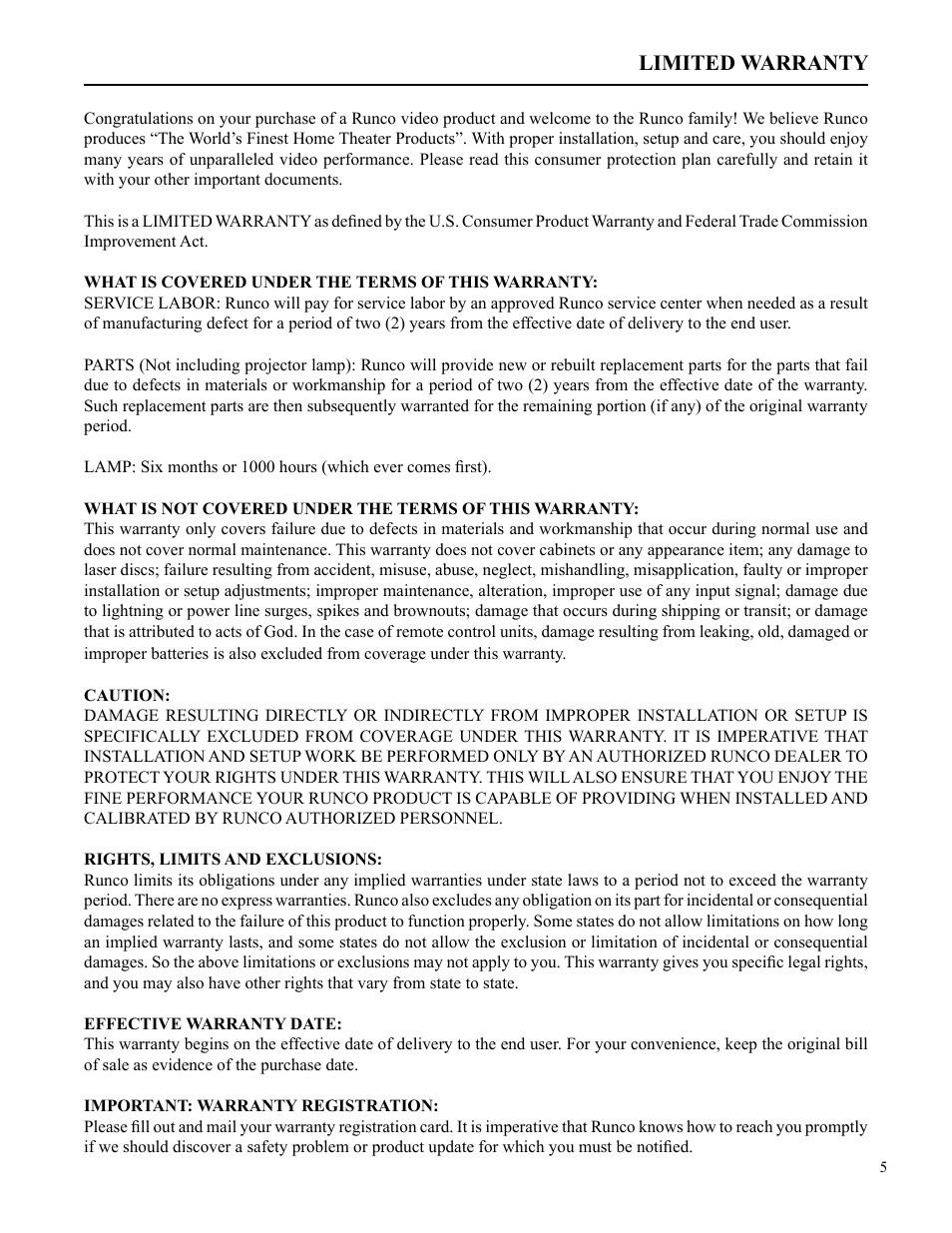 Limited warranty | Runco VX-2c User Manual | Page 6 / 36