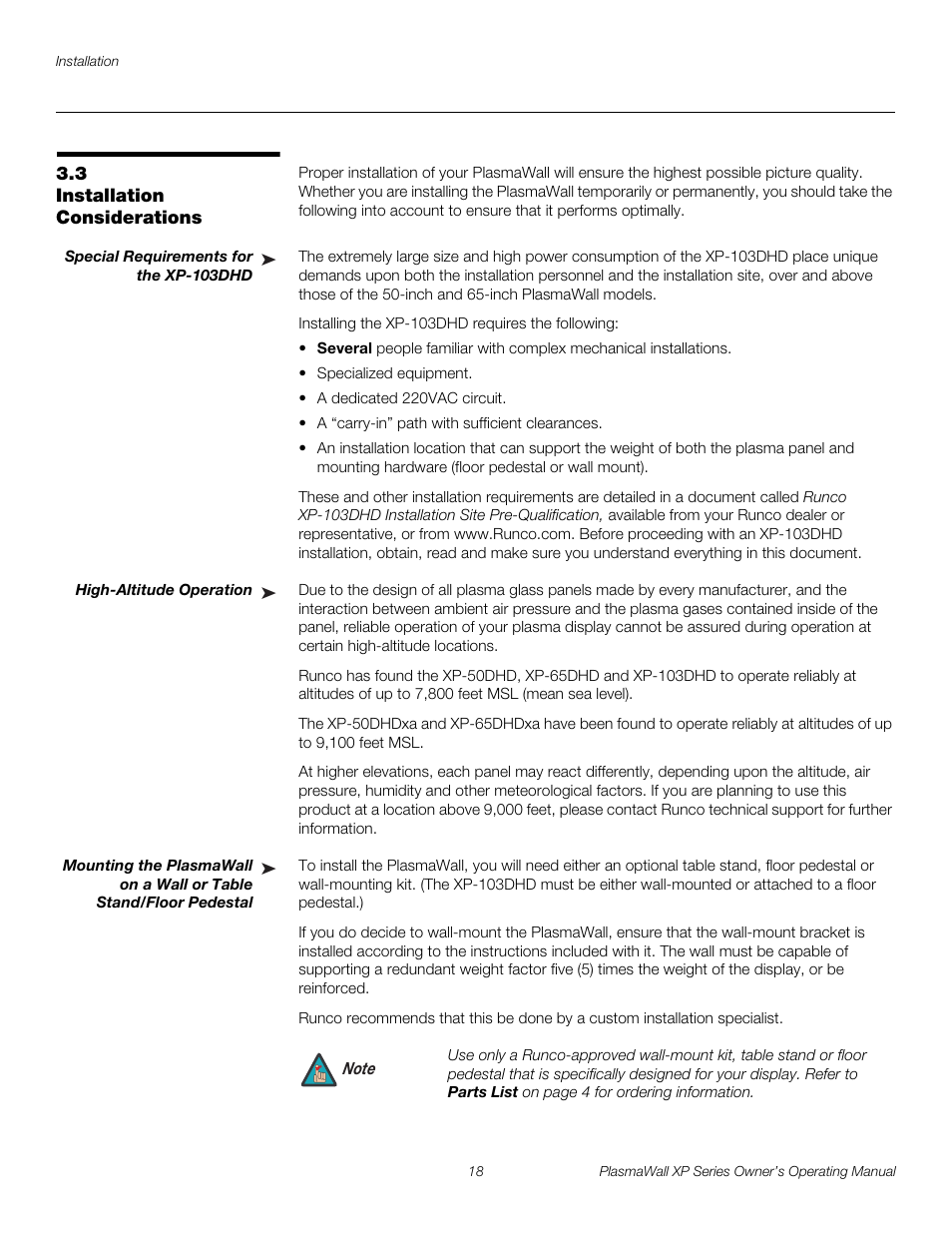 3 installation considerations, Special requirements for the xp-103dhd, High-altitude operation | Installation considerations, Pre l iminar y | Runco XP-50DHD User Manual | Page 30 / 82