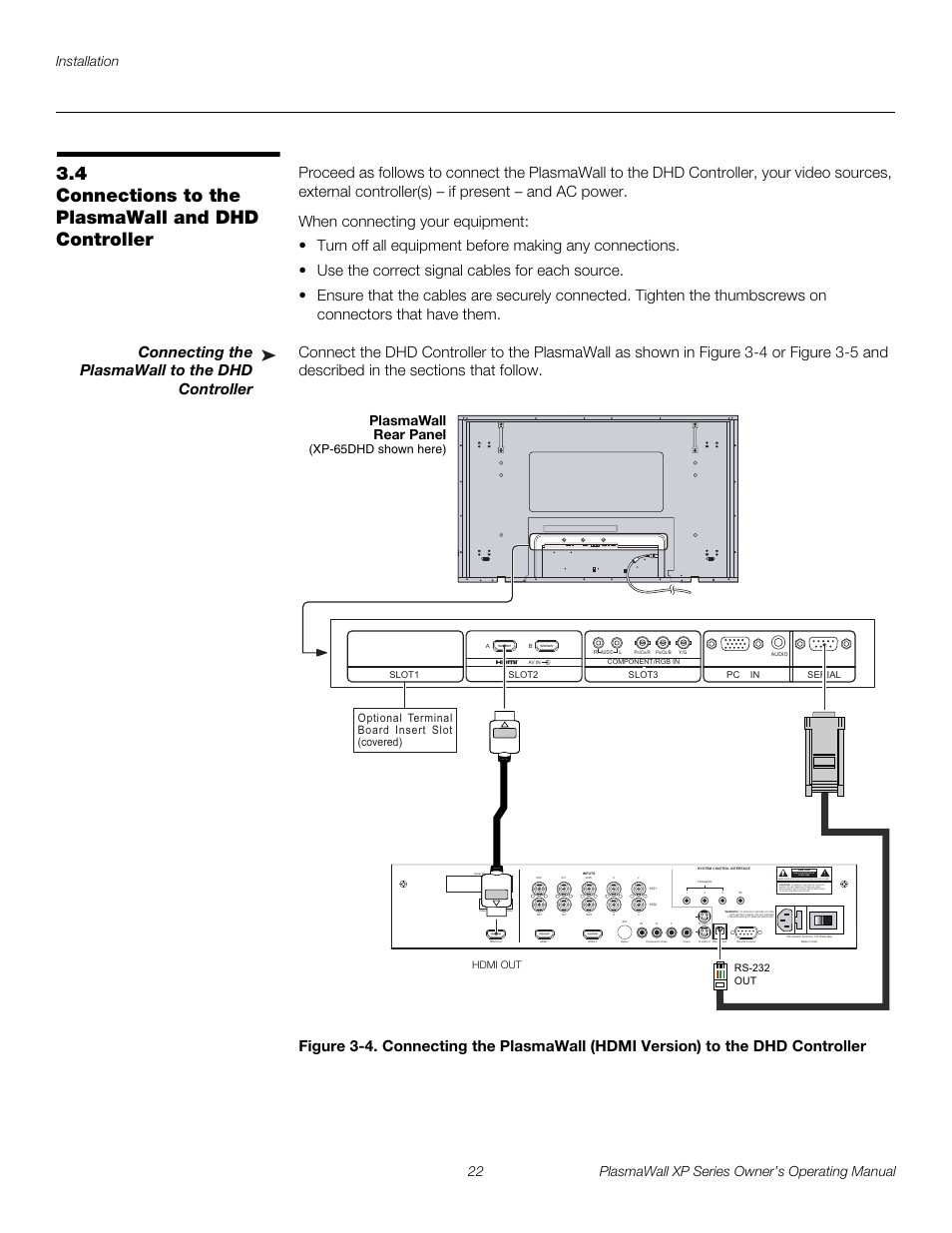 4 connections to the plasmawall and dhd controller, Connecting the plasmawall to the dhd controller, Connections to the plasmawall and dhd controller | Pre l iminar y, Risk of electric shock do not open, Plasmawall rear panel | Runco XP-50DHD User Manual | Page 34 / 82