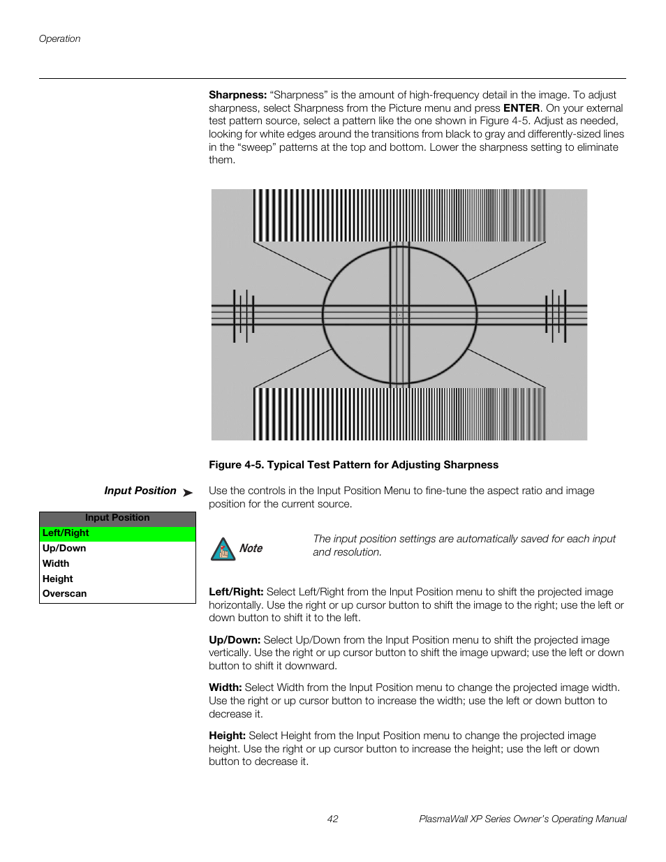 Sharpness, Input position, Left/right | Up/down, Width, Height, Iminar, 5. typical test pattern for adjusting sharpness, Pre l iminar y | Runco XP-50DHD User Manual | Page 54 / 82