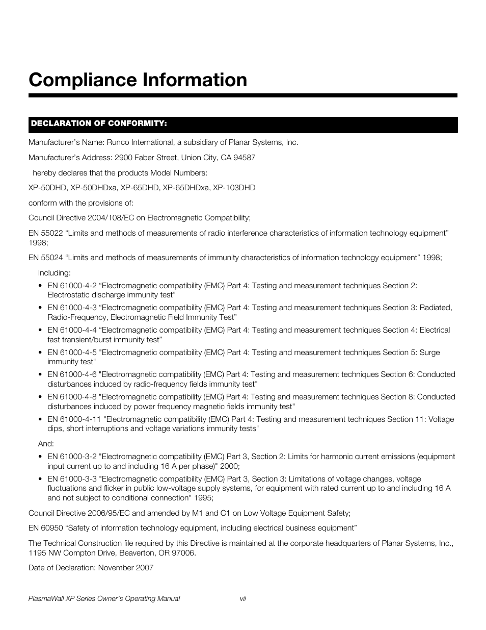 Compliance information, Pre l iminar y | Runco XP-50DHD User Manual | Page 7 / 82