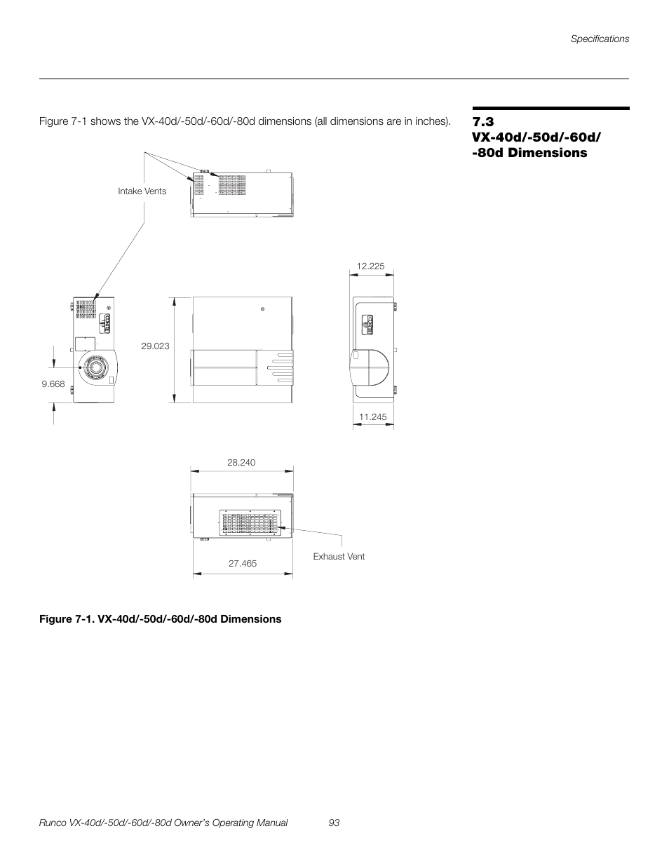 3 vx-40d/-50d/-60d/ -80d dimensions, Figure 7-1 . vx-40d/-50d/-60d/-80d dimensions, Vx-40d/-50d/-60d/-80d dimensions | 1. vx-40d/-50d/-60d/-80d dimensions, Pre l iminar y | Runco VX-60d User Manual | Page 105 / 108