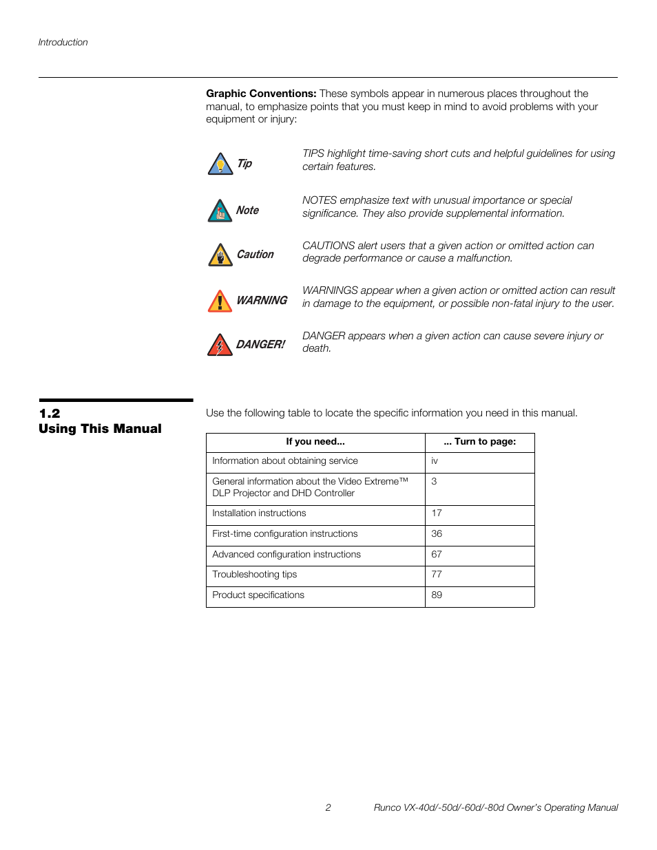 Graphic conventions, 2 using this manual, Using this manual | Pre l iminar y | Runco VX-60d User Manual | Page 14 / 108