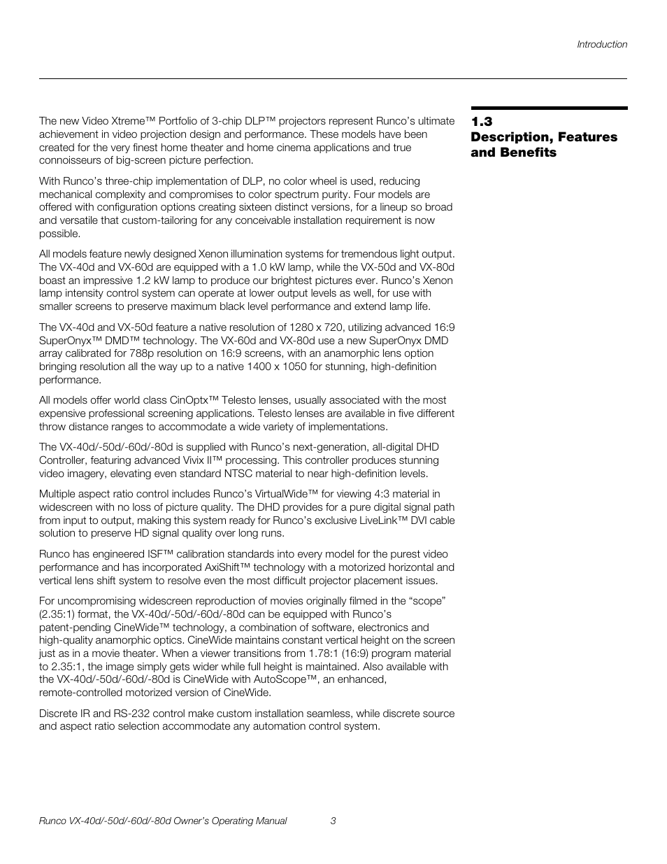 3 description, features and benefits, Description, features and benefits, Pre l iminar y | Runco VX-60d User Manual | Page 15 / 108