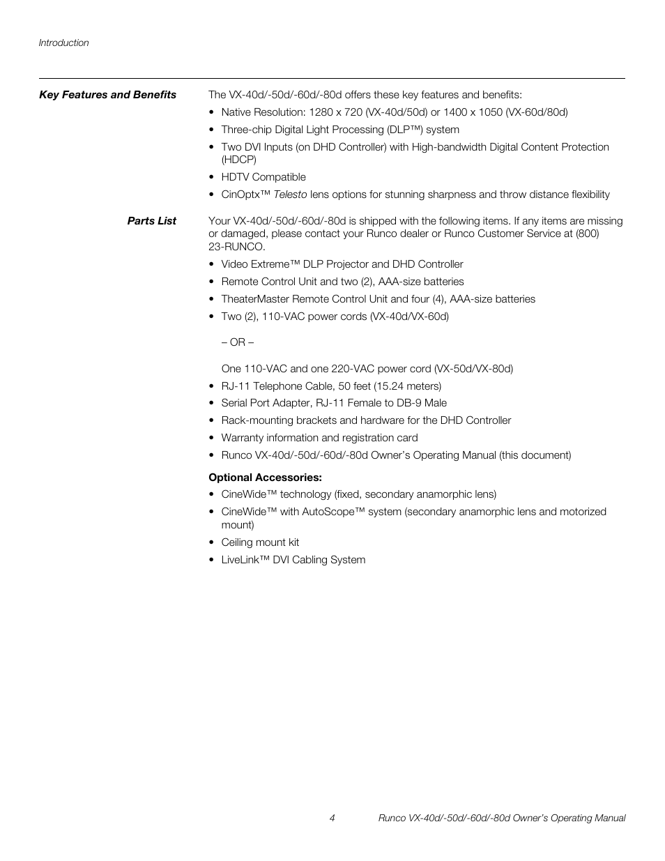 Key features and benefits, Parts list, Optional accessories | Pre l iminar y | Runco VX-60d User Manual | Page 16 / 108
