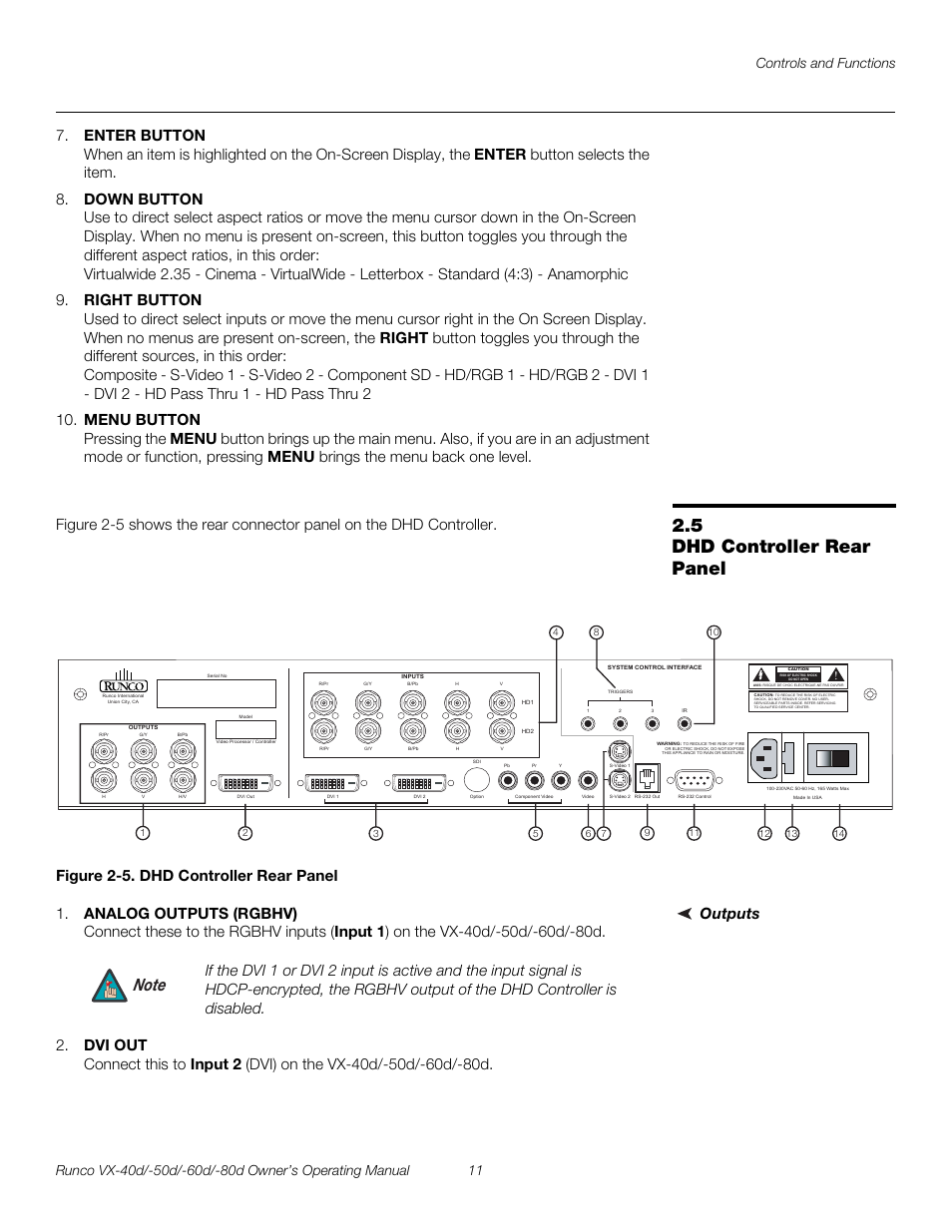 5 dhd controller rear panel, Figure 2-5 . dhd controller rear panel, Outputs | Dhd controller rear panel, 5. dhd controller rear panel, Pre l iminar y | Runco VX-60d User Manual | Page 23 / 108