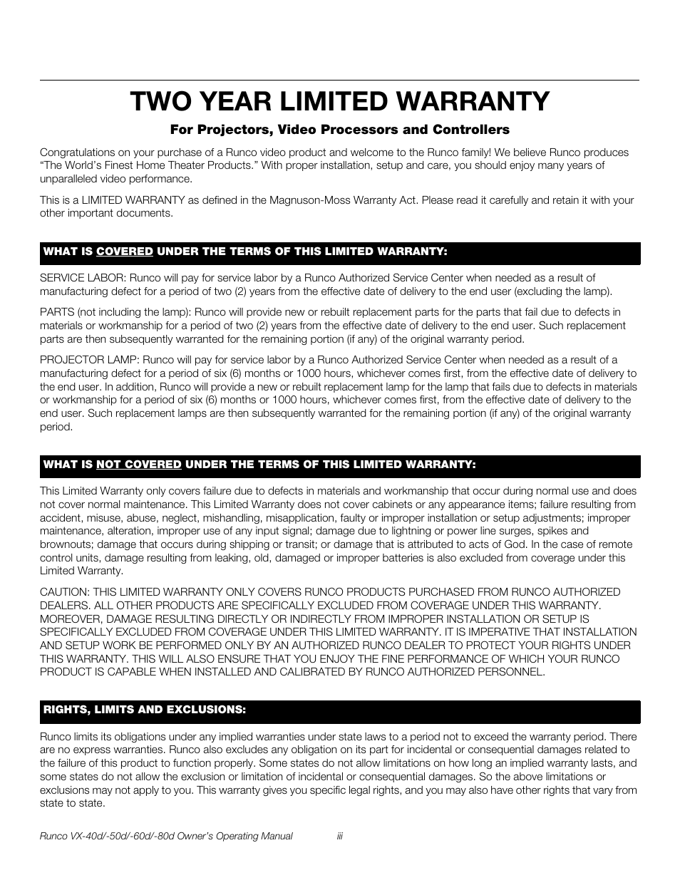 Two year limited warranty, Pre l iminar y | Runco VX-60d User Manual | Page 3 / 108