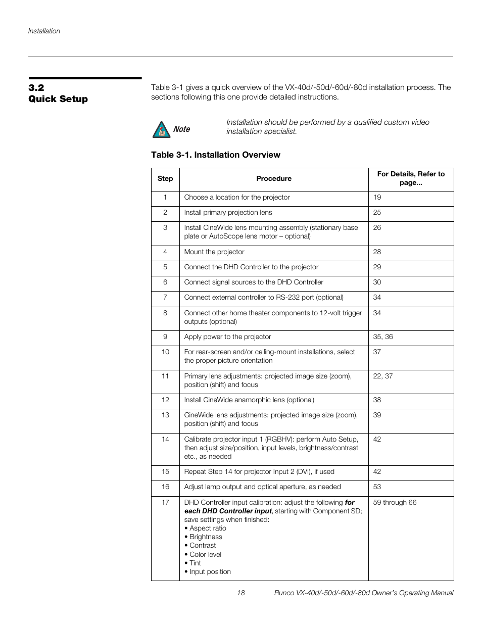 2 quick setup, Table 3-1 . installation overview, Quick setup | Pre l iminar y | Runco VX-60d User Manual | Page 30 / 108