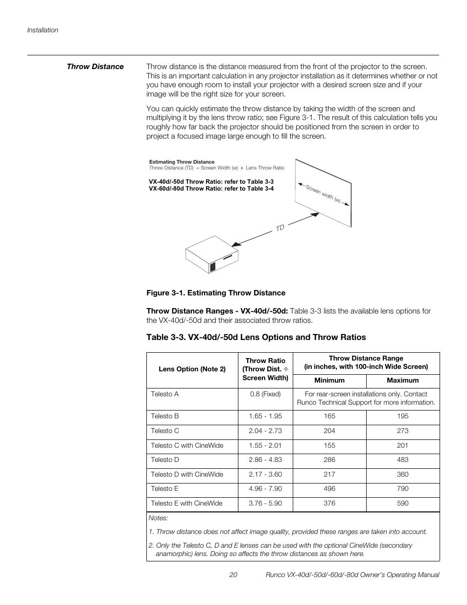 Throw distance, Figure 3-1 . estimating throw distance, Throw distance ranges - vx-40d/-50d | 1. estimating throw distance, Pre l iminar y | Runco VX-60d User Manual | Page 32 / 108