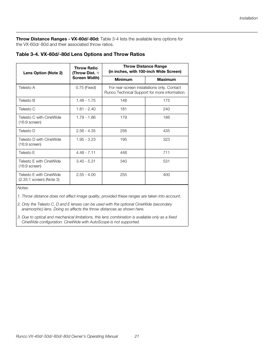 Throw distance ranges - vx-60d/-80d, To table 3-4, Pre l iminar y | Runco VX-60d User Manual | Page 33 / 108
