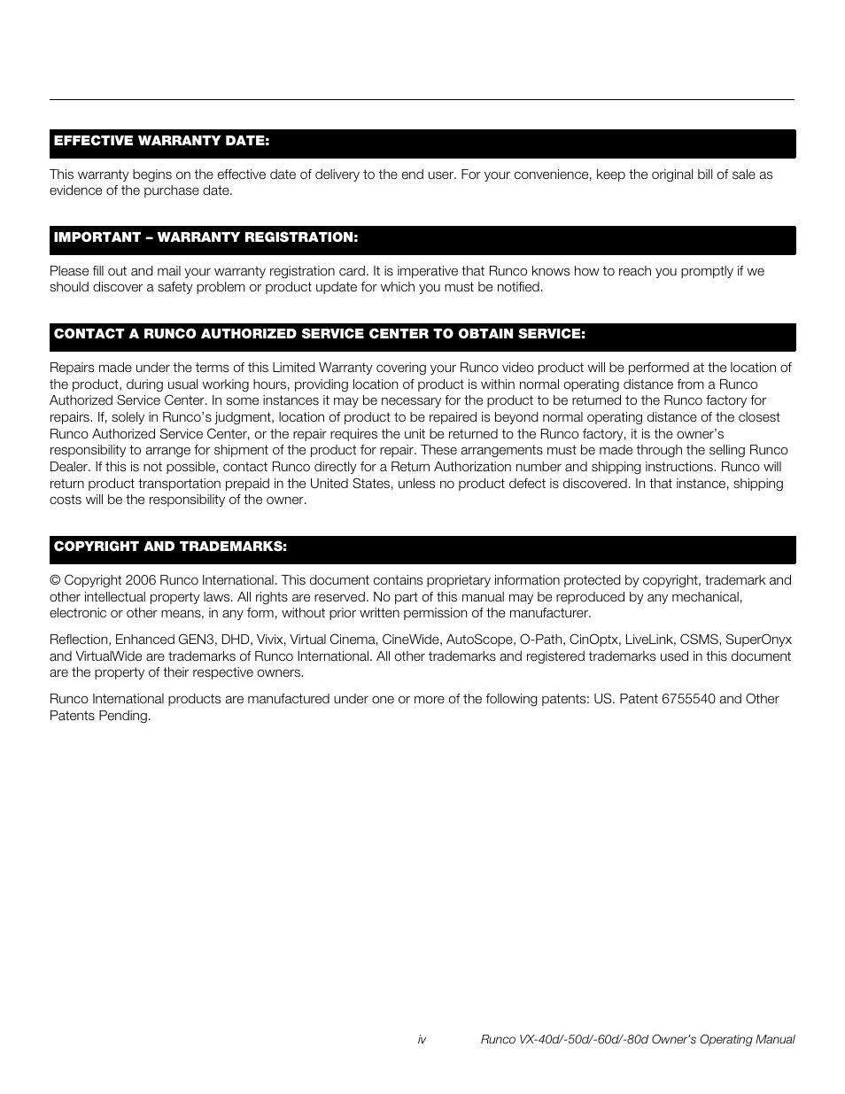 Pre l iminar y | Runco VX-60d User Manual | Page 4 / 108