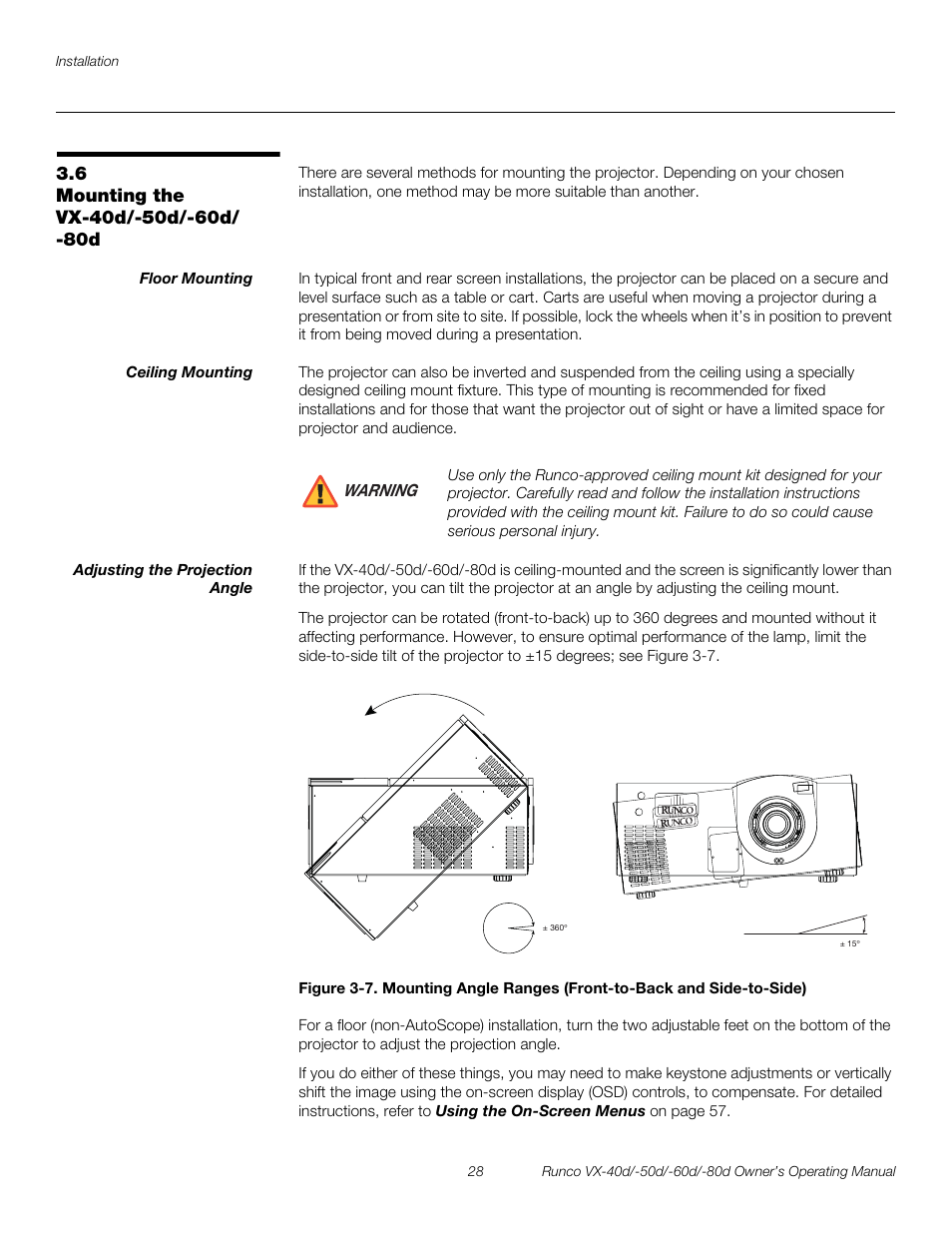 6 mounting the vx-40d/-50d/-60d/ -80d, Floor mounting, Ceiling mounting | Adjusting the projection angle, Mounting the vx-40d/-50d/-60d/-80d, Pre l iminar y | Runco VX-60d User Manual | Page 40 / 108