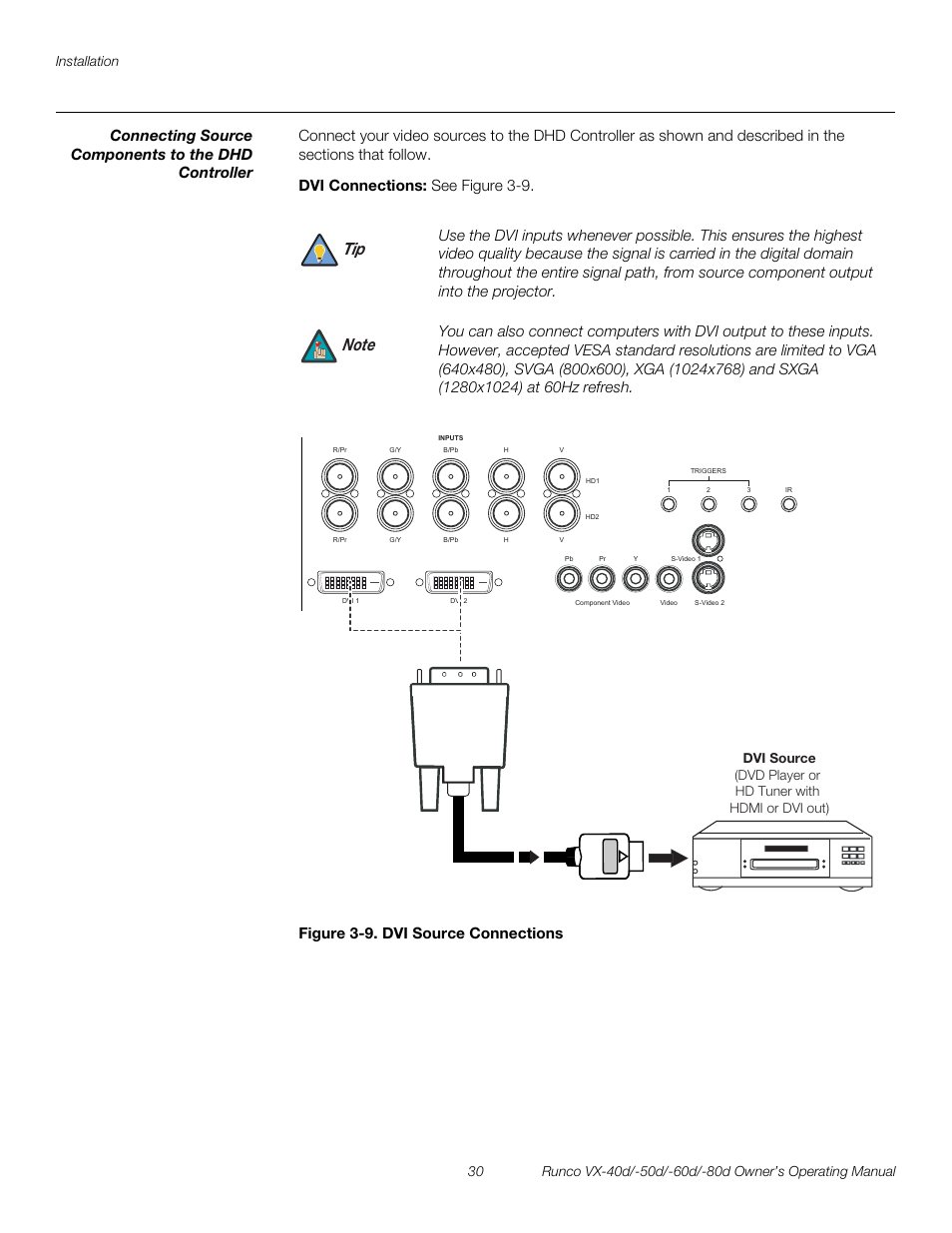 Connecting source components to the dhd controller, Dvi connections, Figure 3-9 . dvi source connections | 9. dvi source connections, Pre l iminar y | Runco VX-60d User Manual | Page 42 / 108