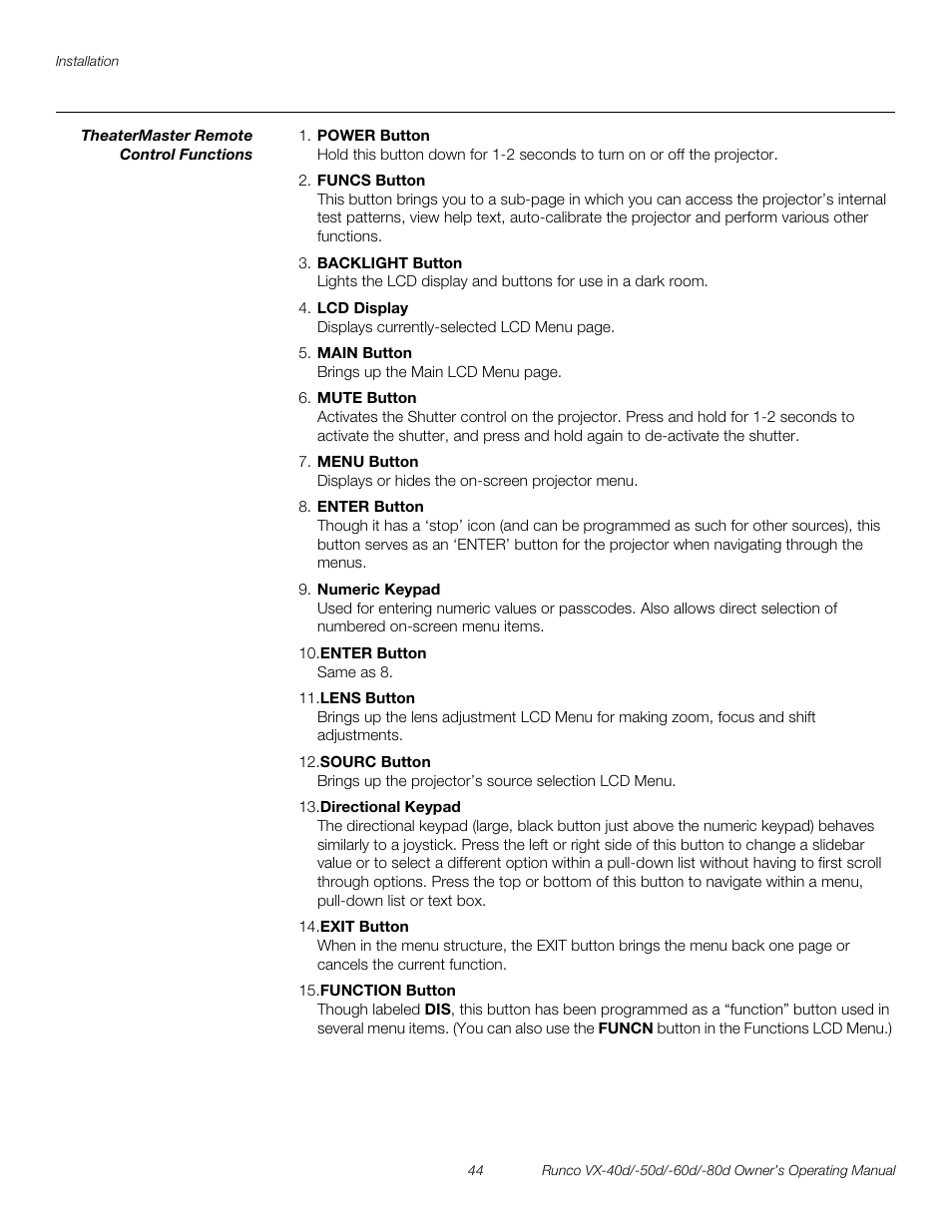 Theatermaster remote control functions, Pre l iminar y | Runco VX-60d User Manual | Page 56 / 108