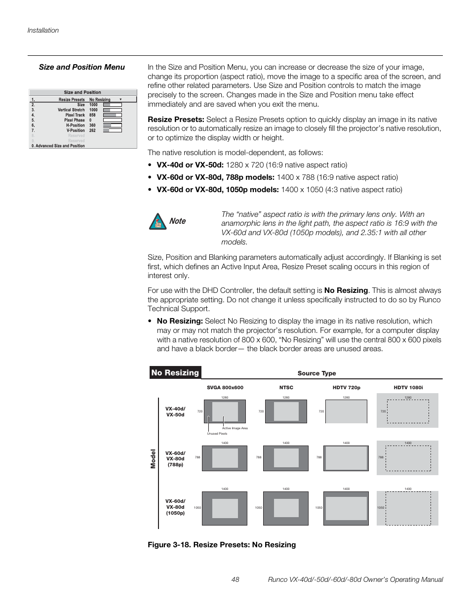 Size and position menu, Resize presets, Figure 3-18 . resize presets: no resizing | 18. resize presets: no resizing, Pre l iminar y | Runco VX-60d User Manual | Page 60 / 108