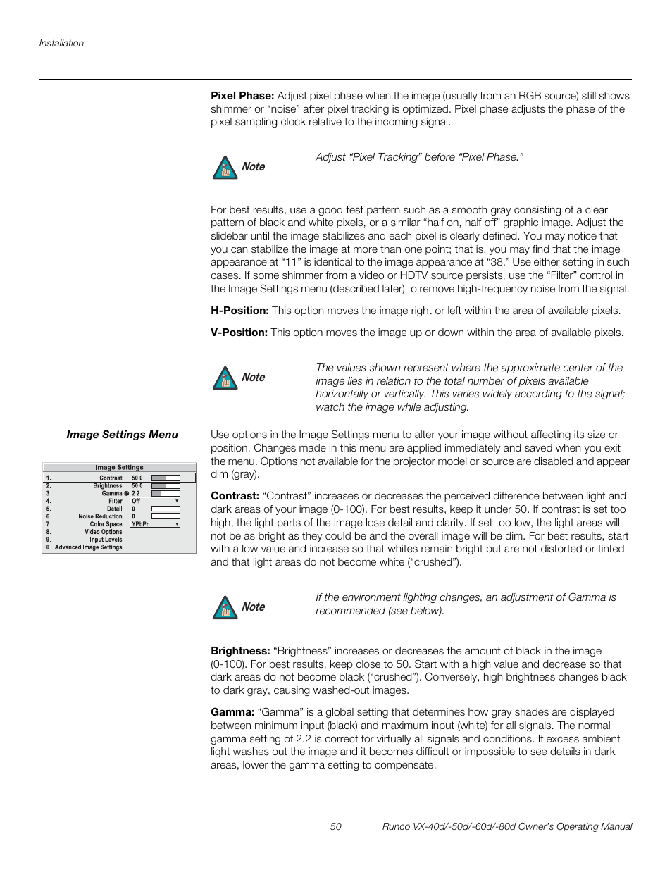 Pixel phase, H-position, V-position | Image settings menu, Contrast, Brightness, Gamma, Pre l iminar y | Runco VX-60d User Manual | Page 62 / 108