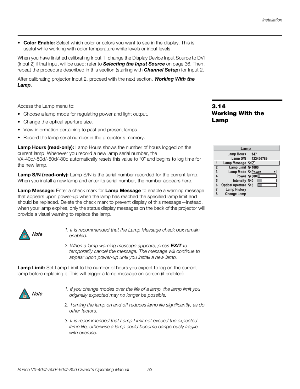 14 working with the lamp, Lamp hours (read-only), Lamp s/n (read-only) | Lamp message, Lamp limit, Working with the lamp, Pre l iminar y | Runco VX-60d User Manual | Page 65 / 108