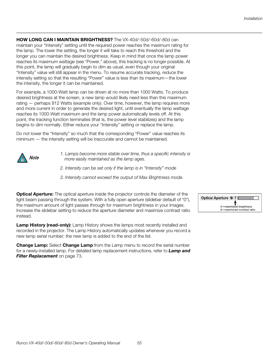 Optical aperture, Lamp history (read-only), Change lamp | Pre l iminar y | Runco VX-60d User Manual | Page 67 / 108