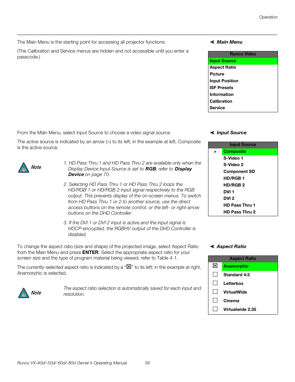 Main menu, Input source, Aspect ratio | Pre l iminar y | Runco VX-60d User Manual | Page 71 / 108