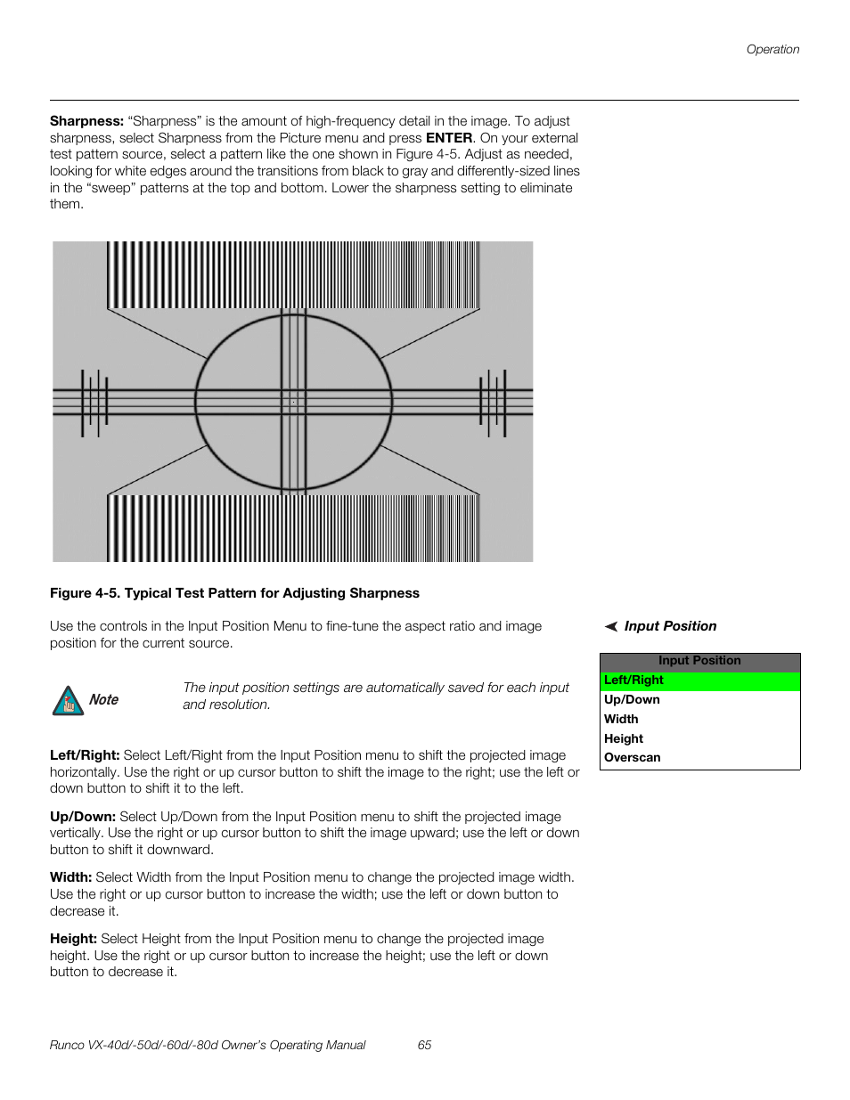 Sharpness, Input position, Left/right | Up/down, Width, Height, 5. typical test pattern for adjusting sharpness, Pre l iminar y | Runco VX-60d User Manual | Page 77 / 108