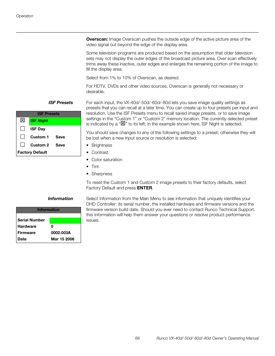 Overscan, Isf presets, Information | H 66, Pre l iminar y | Runco VX-60d User Manual | Page 78 / 108