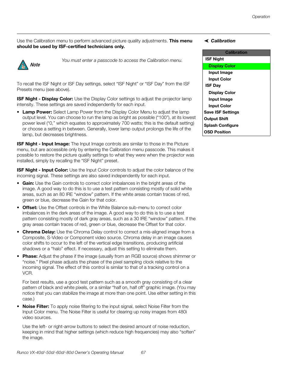 Calibration, Isf night - display color, Isf night - input image | Isf night - input color, Pre l iminar y | Runco VX-60d User Manual | Page 79 / 108