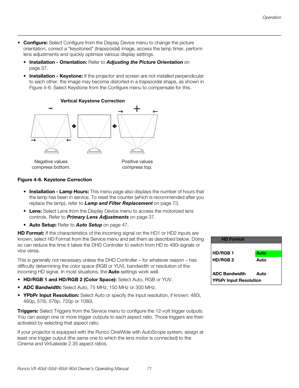 Figure 4-6 . keystone correction, Hd format, Triggers | Pre l iminar y | Runco VX-60d User Manual | Page 83 / 108
