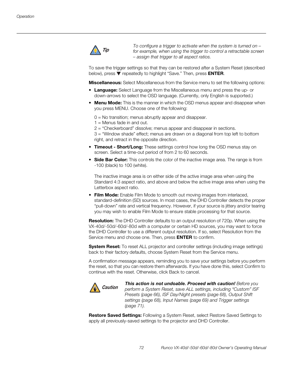Miscellaneous, Resolution, System reset | Restore saved settings, Restore saved settings in, D restore saved settings, Pre l iminar y | Runco VX-60d User Manual | Page 84 / 108