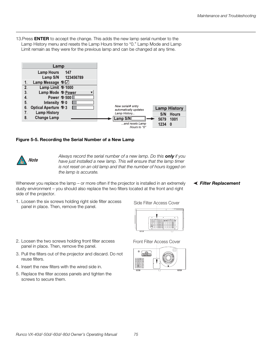 Filter replacement, 5. recording the serial number of a new lamp, Pre l iminar y | Runco VX-60d User Manual | Page 87 / 108