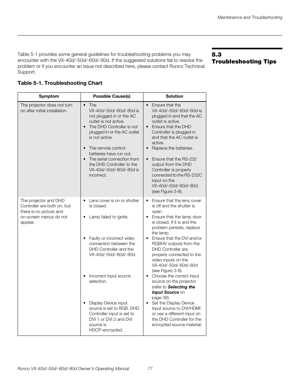 3 troubleshooting tips, Table 5-1 . troubleshooting chart, Troubleshooting tips | Pre l iminar y | Runco VX-60d User Manual | Page 89 / 108