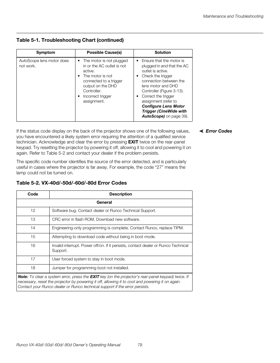 Error codes, Table 5-2 . vx-40d/-50d/-60d/-80d error codes, Pre l iminar y | Runco VX-60d User Manual | Page 91 / 108