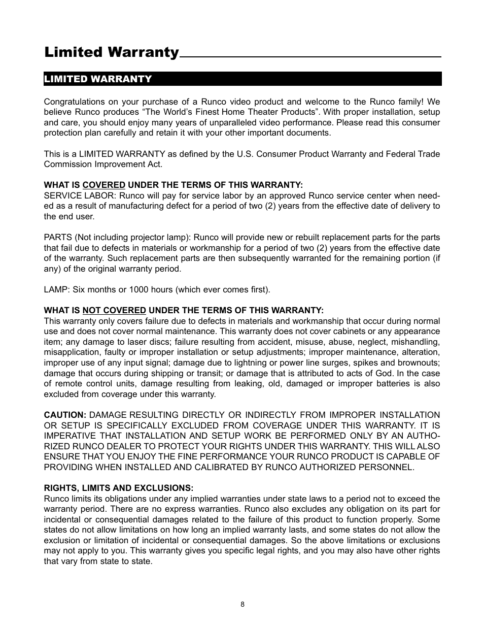 Limited warranty | Runco DTV-1200 User Manual | Page 10 / 91