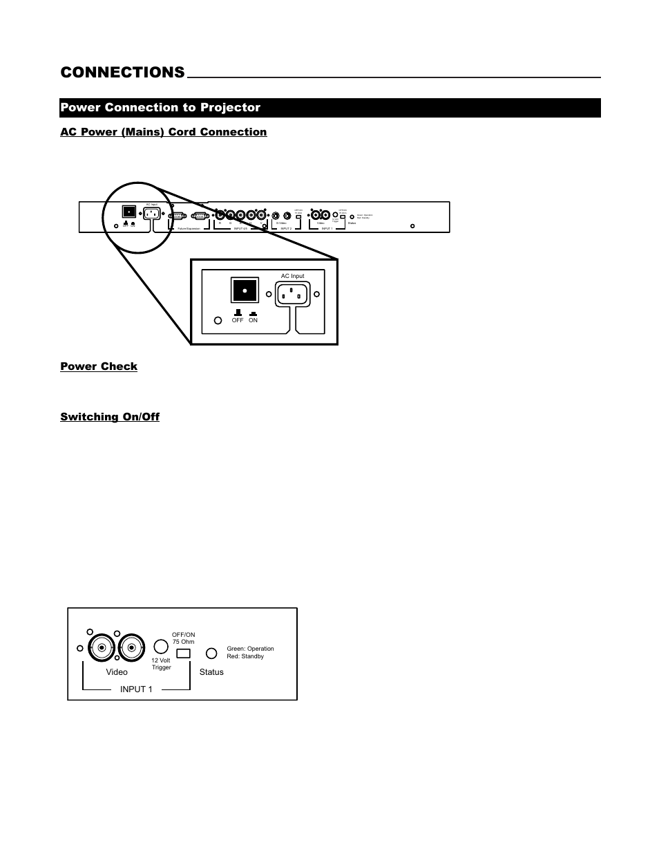Connections, Power connection to projector | Runco DTV-1200 User Manual | Page 12 / 91