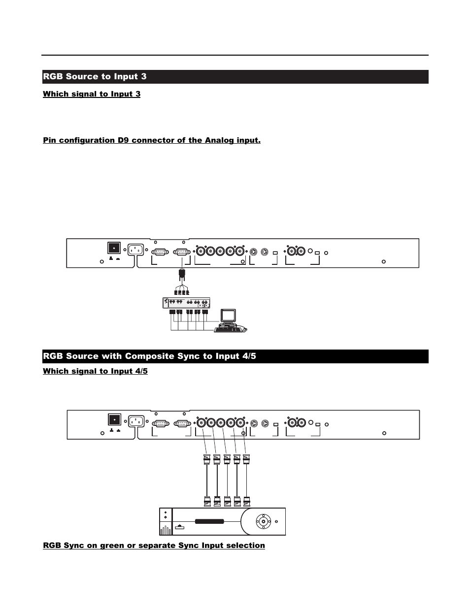 Rgb source to input 3, Rgb source with composite sync to input 4/5, Inver. 75 ohm term | Runco DTV-1200 User Manual | Page 14 / 91