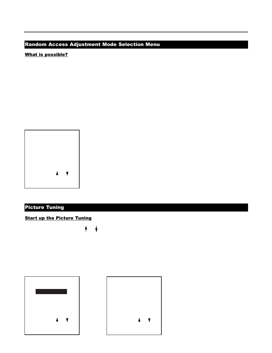 Random access adjustment mode selection menu, Picture tuning | Runco DTV-1200 User Manual | Page 36 / 91