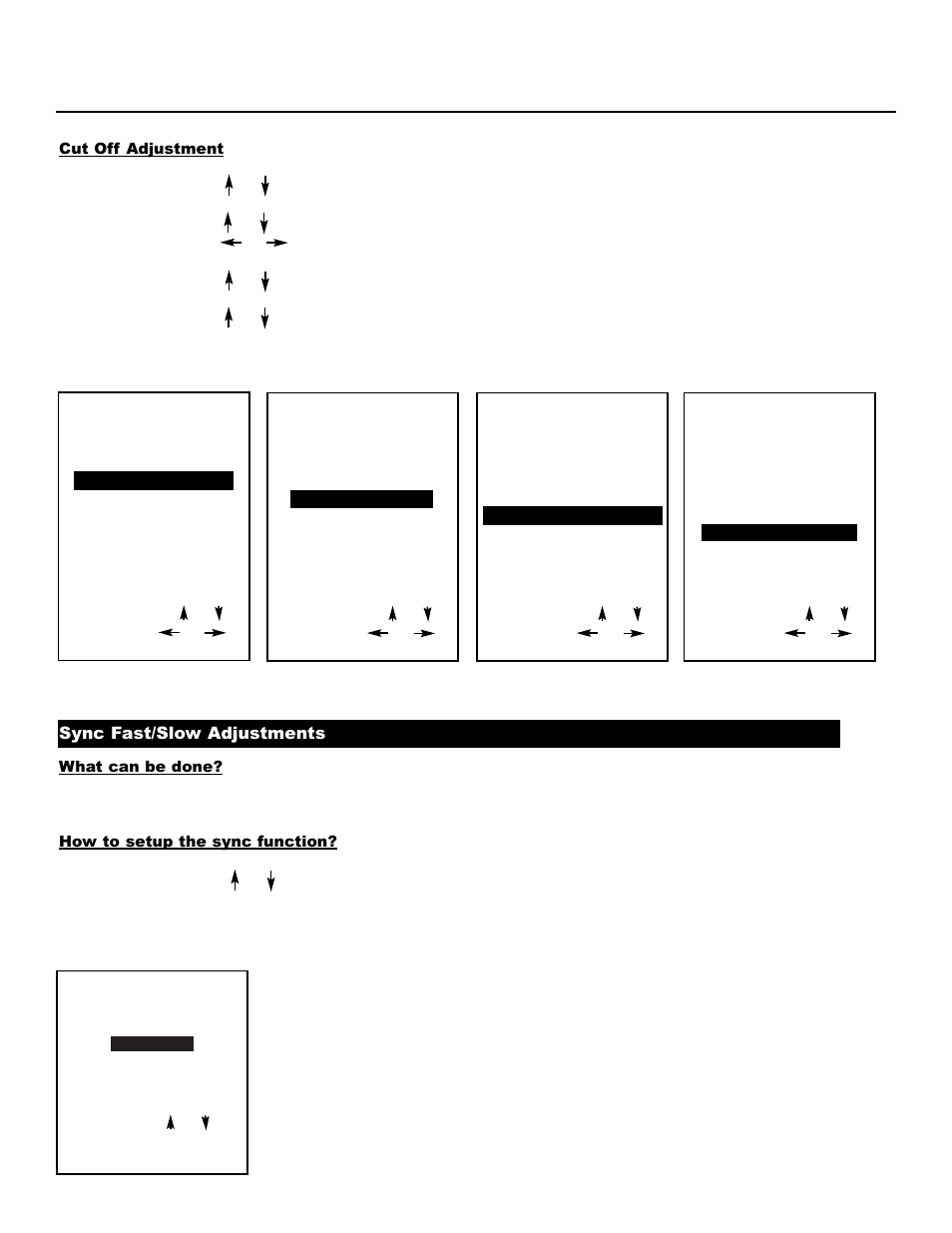 Sync fast/slow adjustments, Menu 1, Menu 2 | Menu 3, Menu 4 | Runco DTV-1200 User Manual | Page 38 / 91