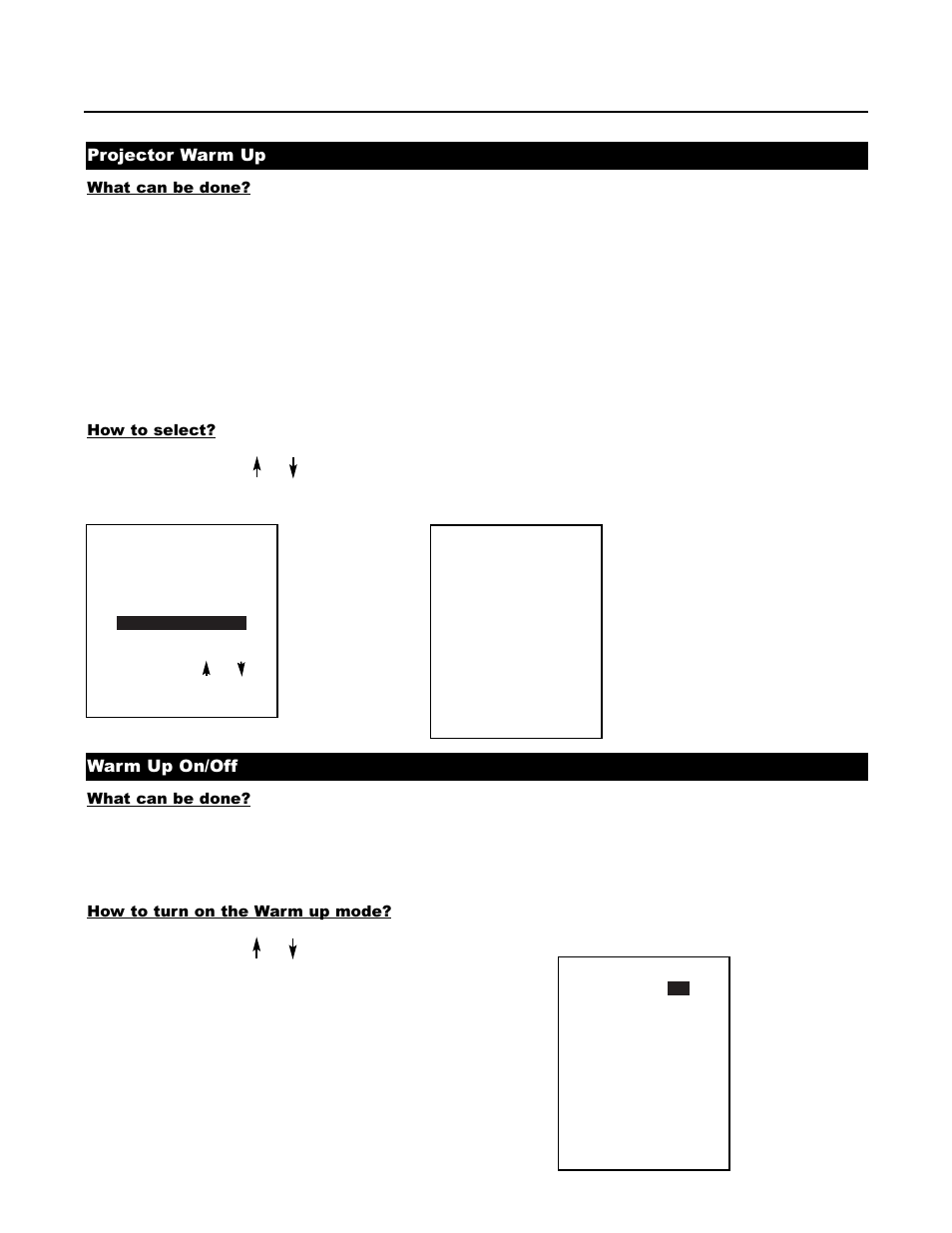 Projector warm up, Warm up on/off, Menu 2 | Menu 1 | Runco DTV-1200 User Manual | Page 60 / 91
